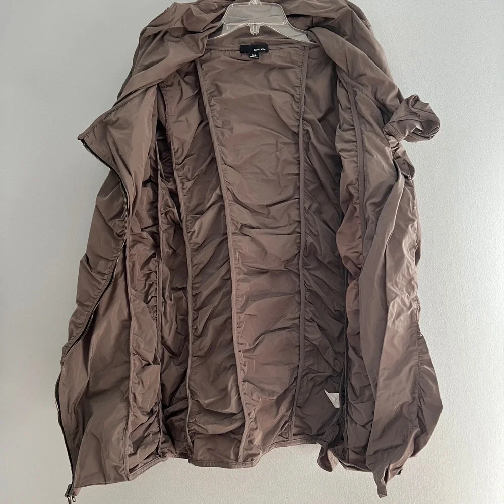 Sun Kim ME103‎ Ruched Lagenlook Zip Front Jacket Taupe XS USA Wire Collar
